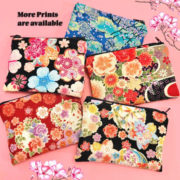 Japanese Kimono Fabric Zipper Pouch: Floral Coin Purse, Makeup bag