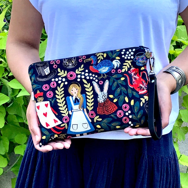 Alice in Wonderland,Large Wristlet clutch purse, Travel zip purse, (Navy color ground), Cotton + Steel Fabric, Alice in Wonderland bag