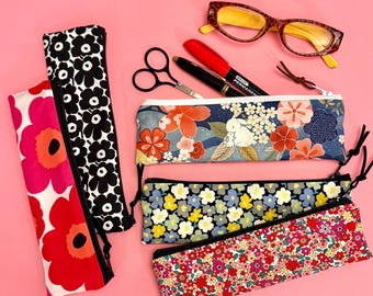 Floral Cotton Pencil Pouch: Skinny Zipper Case, Handmade in NYC
