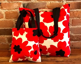 Red Poppy Large tote bags, Mini tote bag, Fully lined, Mom and Daughter matching bags, Red flower shoulder bag, Finn flower bag, Nordic bag
