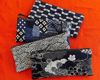 Japanese Indigo pencil case, Indigo wallet, Indigo pencil pouch, Indigo zipper purse, patchwork, wave,Dragonfly, Cherry blossom zipper pouch