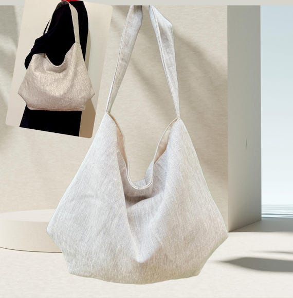 Slouchy Linen Hobo Bag: Large Boho Shoulder Tote, Handmade in NY