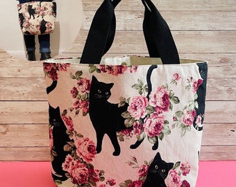 Cats and Roses Bag, Linen Cat bag, Black Cat Tote bag, Cat Shoulder bag, Cat bag, Black Cat bag, Cat lover, Linen bag, Flower and cat bag