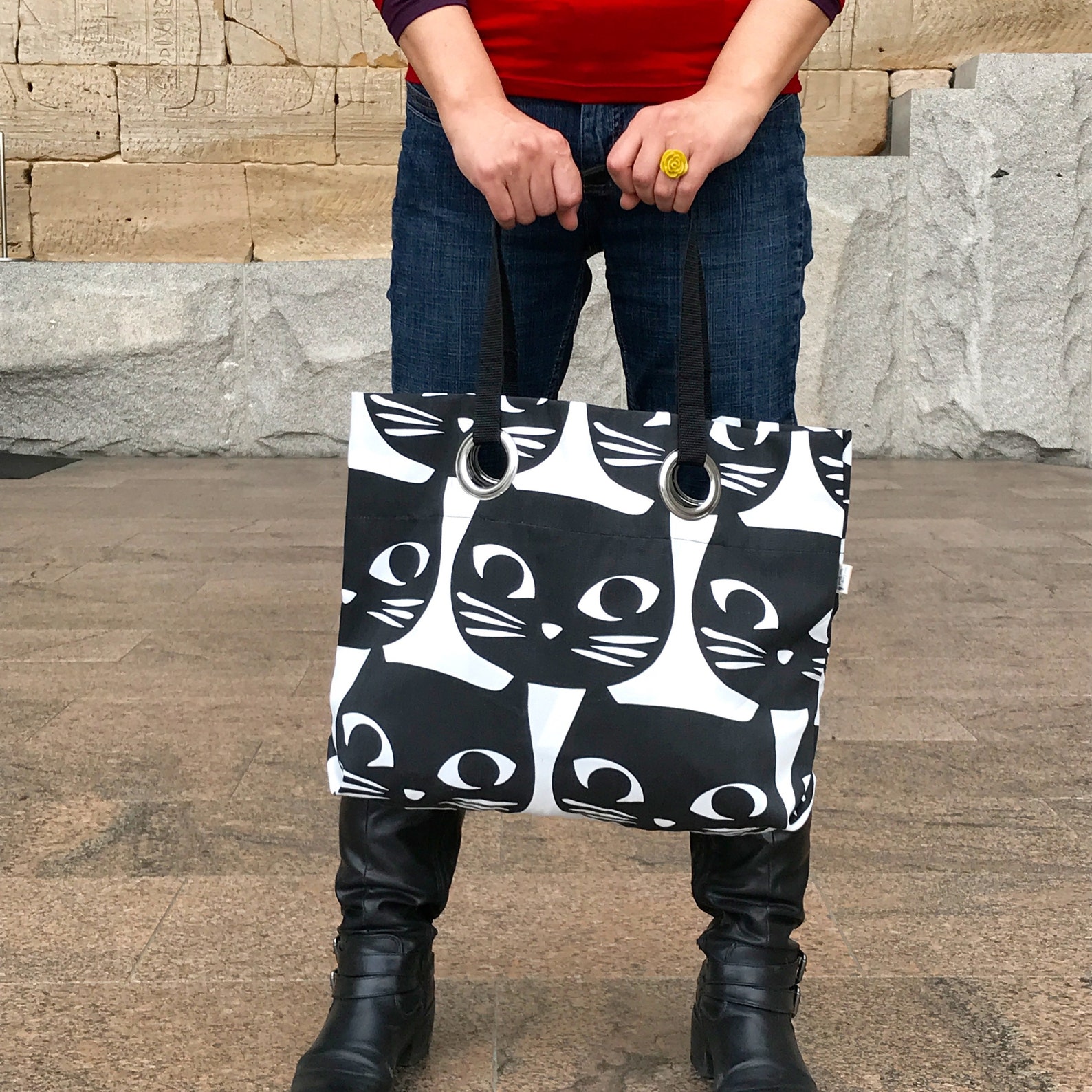 Black Cat Super Cute Large Tote Bag With Big Silver Metal - Etsy