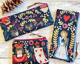 Rifle Paper Co, Alice in Wonderland bag, Coin Purses, Canvas zip bag, makeup bag, Credit card holder, Zip Wallet, Small pouch.Minimalist bag