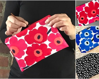 Handmade Marimekko purse, Red Poppy cosmetic bag made from Marimekko Fabric, Zip pouch,Makeup bag, Gift for her, Unikko, Blue Marimekko  bag