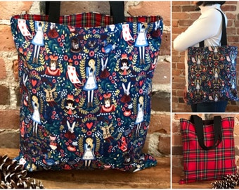 Alice in Wonderland, Reversible tote purse, Cotton + Steel Fabric, Red Tartan shoulder bag, Everyday tote bag, Market bag, Alice Bag