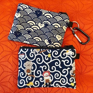 Bolsa con cremallera y mosquetón de gato japonés, bolsa de gato Karakusa, bolsa de gato Seigaiha Wave, monedero de gato, tarjetero, llavero