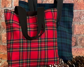 Red Tartan Plaid Tote Bag, Scottish Shoulder Bag