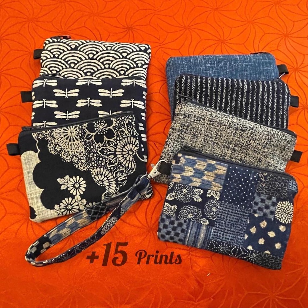 Chic Indigo Wallet With Keychain Strap, Small Boro Patchwork