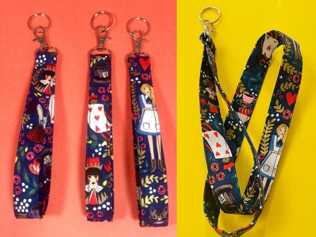 Alice in Wonderland Keychain, Neck Lanyard, Rifle Paper Co Fabric