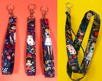 Alice in Wonderland Keychain, Neck Lanyard, Rifle Paper Co Fabric , Wristlet strap, Key Fob, Keychain, wrist lanyard, Wristlet Key holder