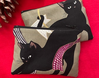 Black Cat and Ribbon Zipper Pouch, Small zipper bag, Cat Card wallet, Cat lover gifts, Cat Wallet, Cat Bag, Cat Coin purse, Cat zipper pouch