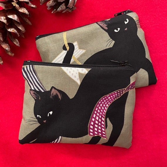 Black Cat and Ribbon Zipper Pouch Small Zipper Bag Cat Card