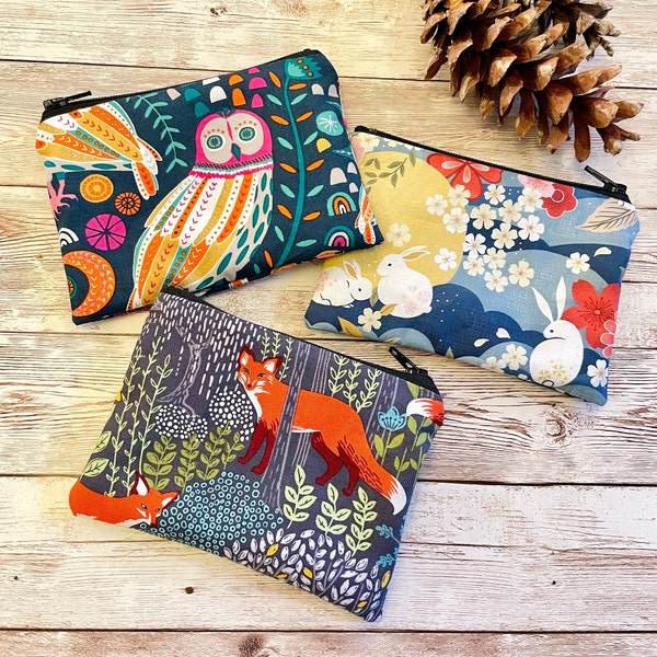 Woodland Fox Small Zipper Purses, Rabbit zip pouch, Owl Credit card holder, Coin purses Wallet, Forest zip pouch, Fox card wallet, Owl Bag