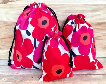 Handmade Marimekko drawstring bags,(Full-Lined) Marimekko Bag, travel pouch, Organizer, Red floral bags, Reusable Gift bag,Jewerly Bag,