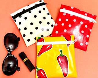 Waterproof Oilcloth Zipper Pouch: Polka Dot Makeup Bag