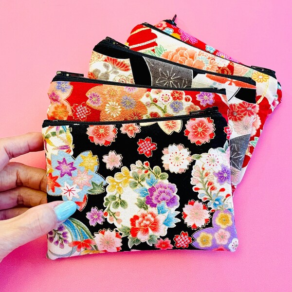 Japanese Kimono Bag, Kimono zipper purses, Floral zipper pouch, Coin wallet purse, Card wallet, small zip pouch. Cherry blossom pouch,Sakura