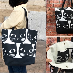 Super cute, Black Cat Large bag, Cat tote bag, Beach bag, Cat shoulder bag, Cat Market bag, Gift for Cat Lover,Black cat bag, Cat Tote purse image 1