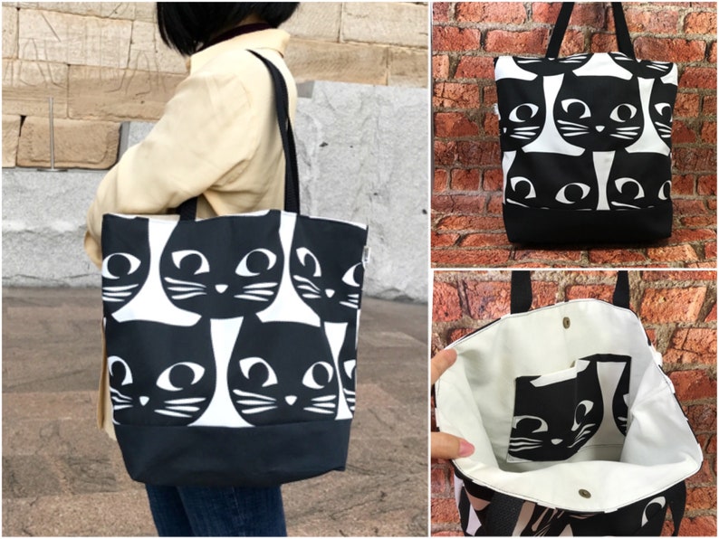 Super cute, Black Cat Large bag, Cat tote bag, Beach bag, Cat shoulder bag, Cat Market bag, Gift for Cat Lover,Black cat bag, Cat Tote purse image 1