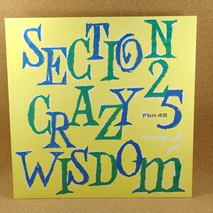 May include: A yellow background with the words "Section 2 Crazy Wisdom" in blue and green lettering. The text "Fbn 45" is in blue lettering.