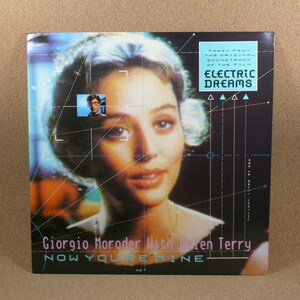 May include: A black and white vinyl record cover with a woman's face on the front. The cover has a geometric design with a grid pattern and the text "TAKEN FROM THE ORIGINAL SOUNDTRACK OF THE FILM ELECTRIC DREAMS" and "Giorgio Moroder With Helen Terry NOW YOU'RE MINE".
