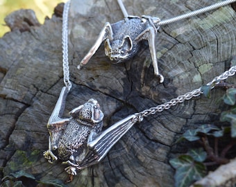 Bat Necklace - Pipistrelle Bat Pendant - Hanging by Feet or Wings - Handmade Nature Inspired Wildlife Jewellery by Emma Keating