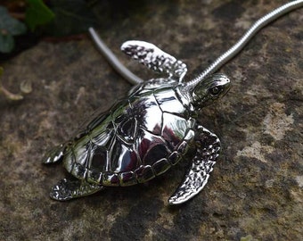 Large Sterling Silver Sea Turtle Necklace - Handmade Wildlife Jewelry