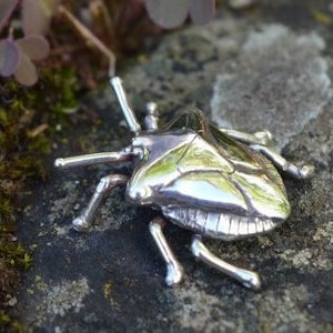 May include: A polished silver insect pendant, featuring intricate detailing of legs, antennae, and body segments. The pendant is displayed on a natural stone surface with moss, highlighting the contrast between the metal and the natural environment.