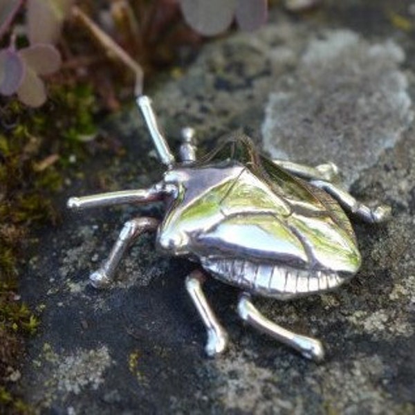 Beetle Ornament - Sterling Silver Shieldbug Beetle Figurine - Life size - Handmade Wildlife Jewellery by Emma Keating