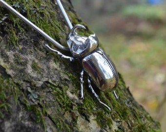 Beetle Necklace - European Rhinoceros Beetle Pendant - Life size Sterling Silver Beetle - Nature Inspired Wildlife Jewellery by Emma Keating