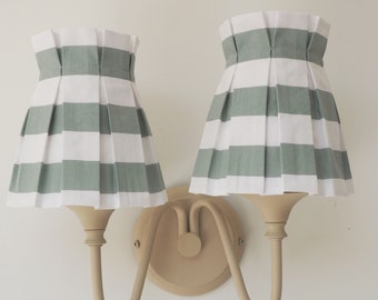 Candle Clip - Handmade box pleat sage green white stripe fabric loose lampshade cover skirt