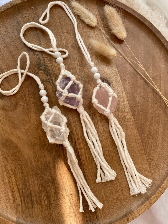 Auto Rückspiegel Anhänger Makramee Kristall / Bergkristall Rosenquarz  Amethyst / Glücksbringer / macrame car charm crystal - .de