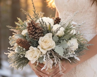 Winter Wedding Bouquet with Pinecones, Ivory Rose Bridal Bouquet, Frosted Evergreen, Rustic Lodge Wedding Flowers, white winter wedding