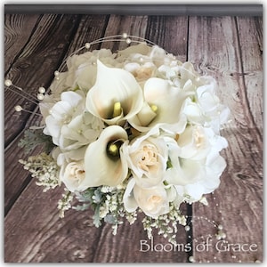 White callas wedding bouquet, bride bouquet, bridesmaid bouquet, bridal bouquet, ivory flowers, ivory bride bouquet
