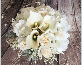 White bride bouquet, calas, hydrangeas and pearls, bridal bouquet, wedding.