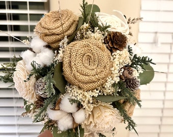 Ivory bouquet, woodland winter wedding bouquet, burlap flowers bouquet.