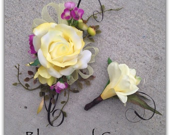 Wrist corsage, set, yellow- purple rose. Prom, wedding, quinceñiera, princess corsage.