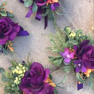 Autumn wrist corsage, prom flowers, wedding corsage, silk corsage, orange corsage, purple corsage.