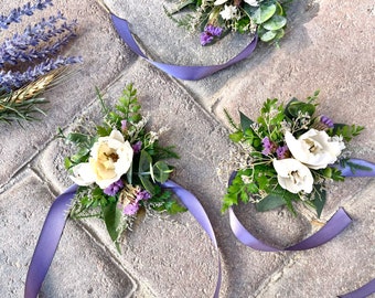 Wrist corsage, prom flowers, wedding corsage, silk corsage, lavender corsage, purple corsage, rustic wedding corsages.