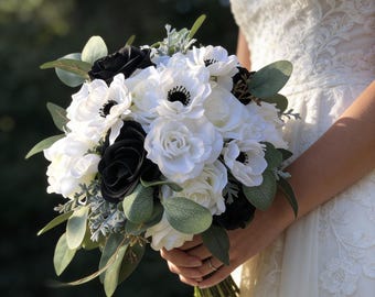 White Black Bouquet Wedding Cascade Anemone Bouquet White