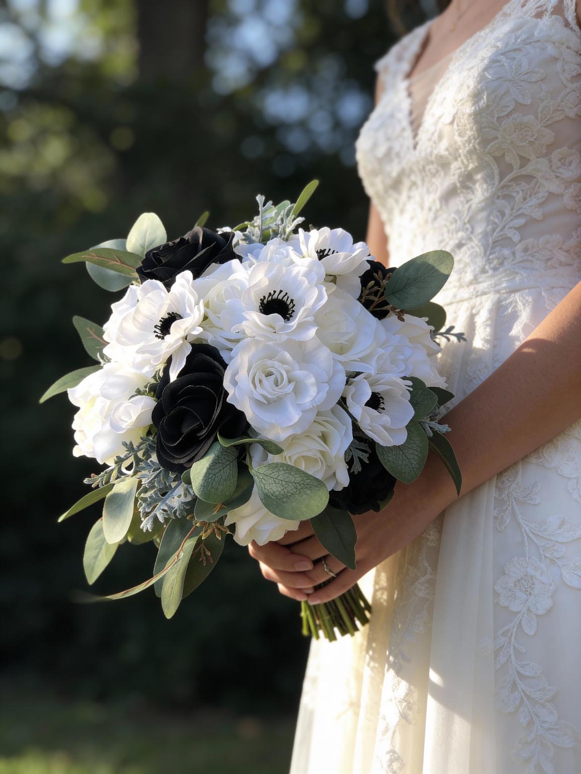 極美品☆トッカ☆Lサイズ☆洗える！ANEMONE BOUQUET ドレス☆23年 White Anemones Bridal Bouquet, Black Roses, Faux Peonies Bride