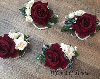 Burgundy wrist corsage, burgundy prom corsage, mother corsage, mini rose corsage, bridesmaids corsage.