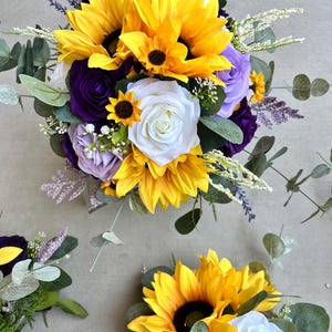 Sunflower and Purple Rose Bridal Bouquet – Rustic Wedding Flowers with Eucalyptus & Lavender