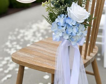Dusty Blue Wedding Aisle Decor, Pew Flowers Set, Chair Decorations for Ceremony, Hydrangea & Rose Floral, Wedding Chair Swag, Set of 8 12 16