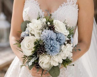 Dusty Blue Wedding Bouquet, Winter Bridal Bouquet, White Rose Bouquet, Pinecone Wedding Flowers, Bridesmaid Bouquet