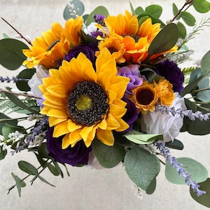 Sunflower and Purple Rose Bridal Bouquet – Rustic Wedding Flowers with Eucalyptus & Lavender
