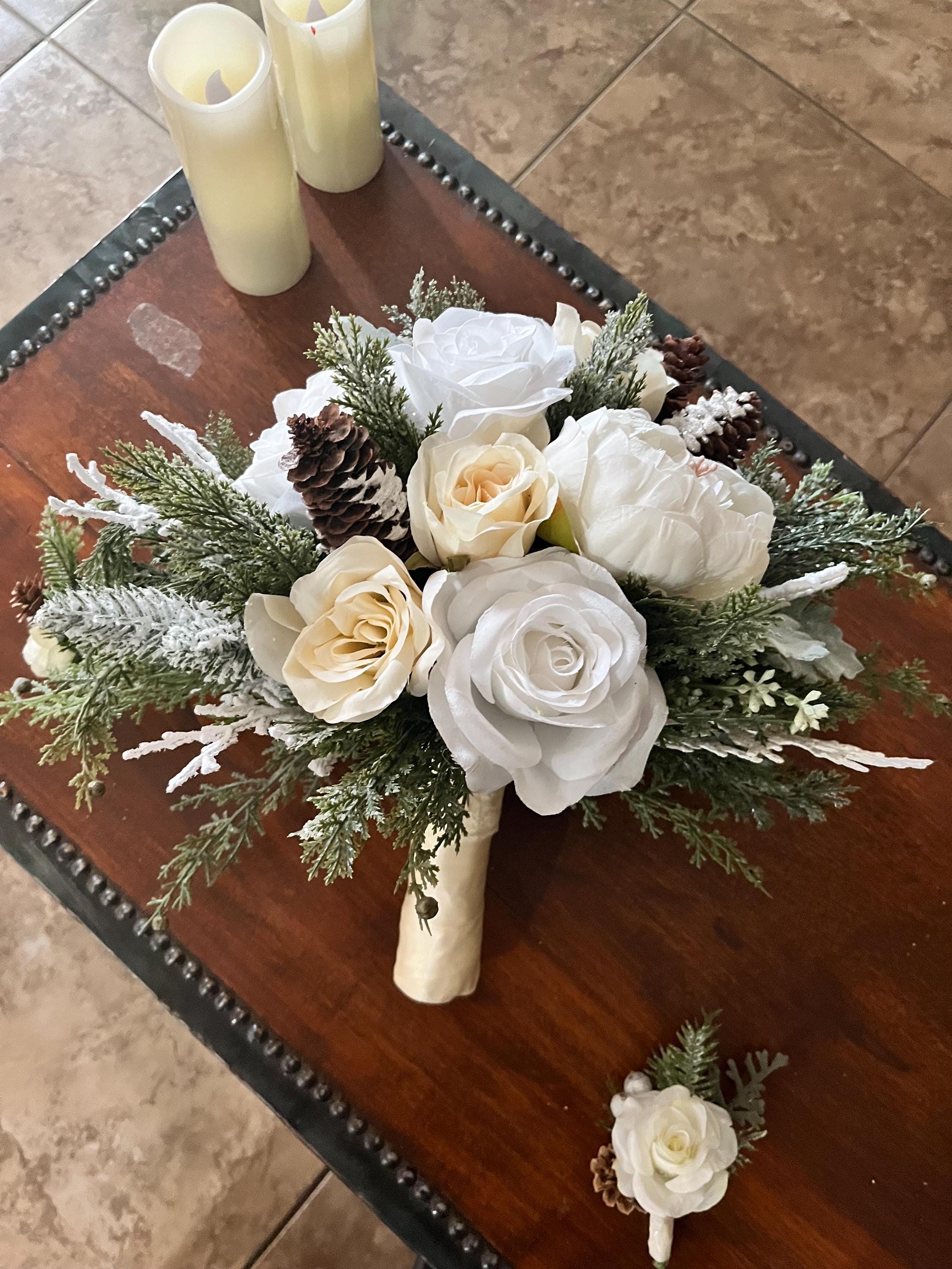 White bride wedding bouquet, bride bouquet, bridesmaid bouquet, rustic wedding flowers, pinecone bouquet, winter bouquet.