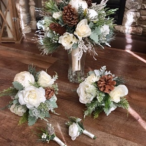 Wedding boutonniere, winter boutonniere , ivory boutonniere, groomsmen flowers, groom boutonniere, pinecone boutonniere. image 3