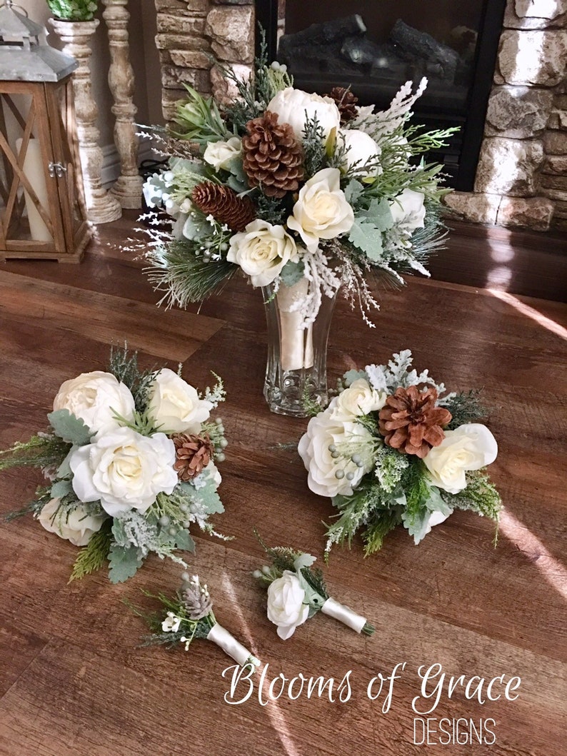 Wedding boutonniere, winter boutonniere , ivory boutonniere, groomsmen flowers, groom boutonniere, pinecone boutonniere. image 3